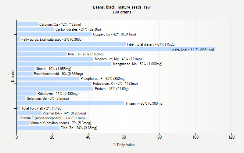 % Daily Value for Beans, black, mature seeds, raw 100 grams 