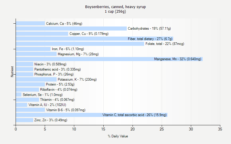 % Daily Value for Boysenberries, canned, heavy syrup 1 cup (256g)