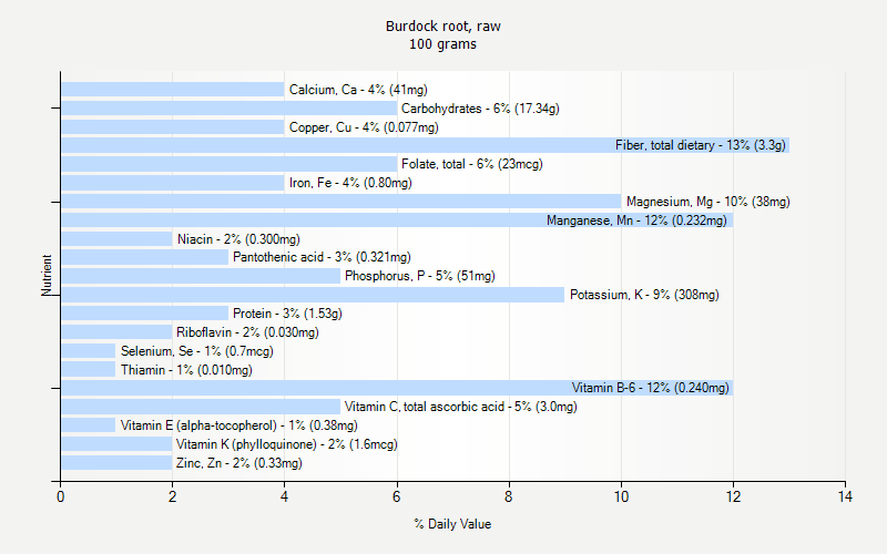 % Daily Value for Burdock root, raw 100 grams 