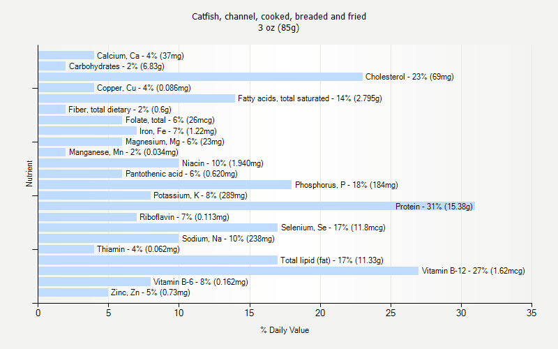 % Daily Value for Catfish, channel, cooked, breaded and fried 3 oz (85g)