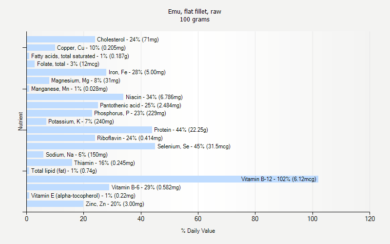 % Daily Value for Emu, flat fillet, raw 100 grams 