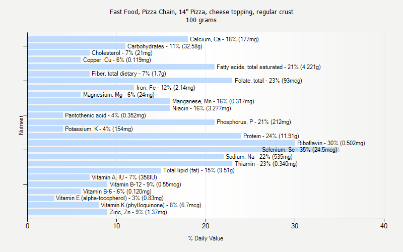 % Daily Value for Fast Food, Pizza Chain, 14" Pizza, cheese topping, regular crust 100 grams 
