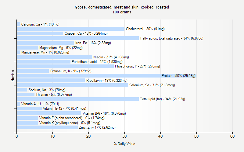 % Daily Value for Goose, domesticated, meat and skin, cooked, roasted 100 grams 