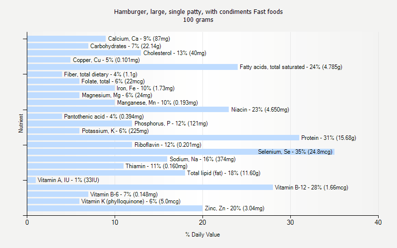 % Daily Value for Hamburger, large, single patty, with condiments Fast foods 100 grams 