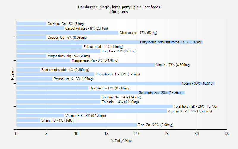 % Daily Value for Hamburger; single, large patty; plain Fast foods 100 grams 