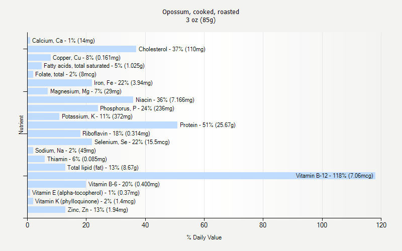 % Daily Value for Opossum, cooked, roasted 3 oz (85g)