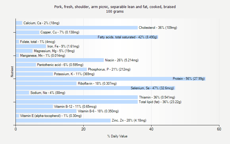 % Daily Value for Pork, fresh, shoulder, arm picnic, separable lean and fat, cooked, braised 100 grams 